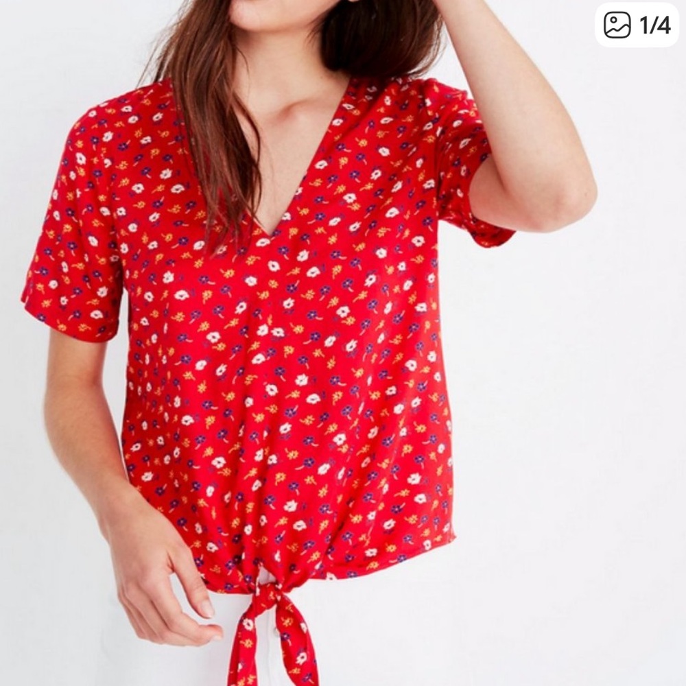 Madewell Red Floral V-Neck Tie-Front Top Size S